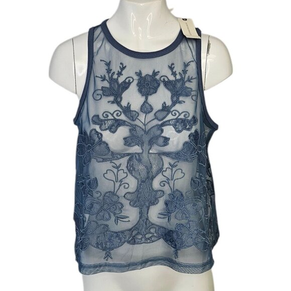 Anthropologie Mesh Appliqué Tank Floral Embroidered Sheer Blue Size XS NWT - Picture 1 of 10